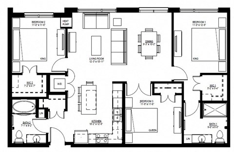 Floor plan for 3 beds, 2 baths, 1264 sqft